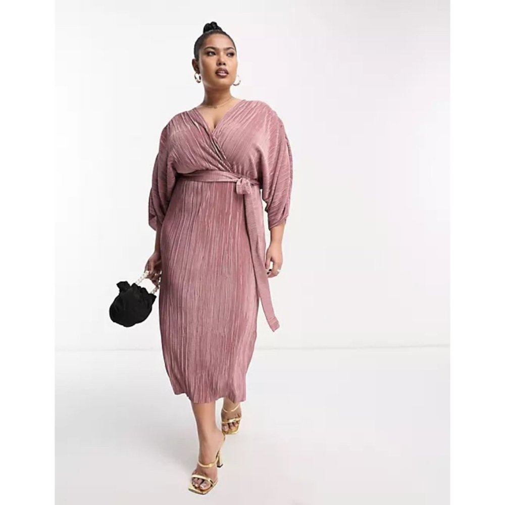 ASOS DESIGN Curve plisse midi wrap dress with belt in rose